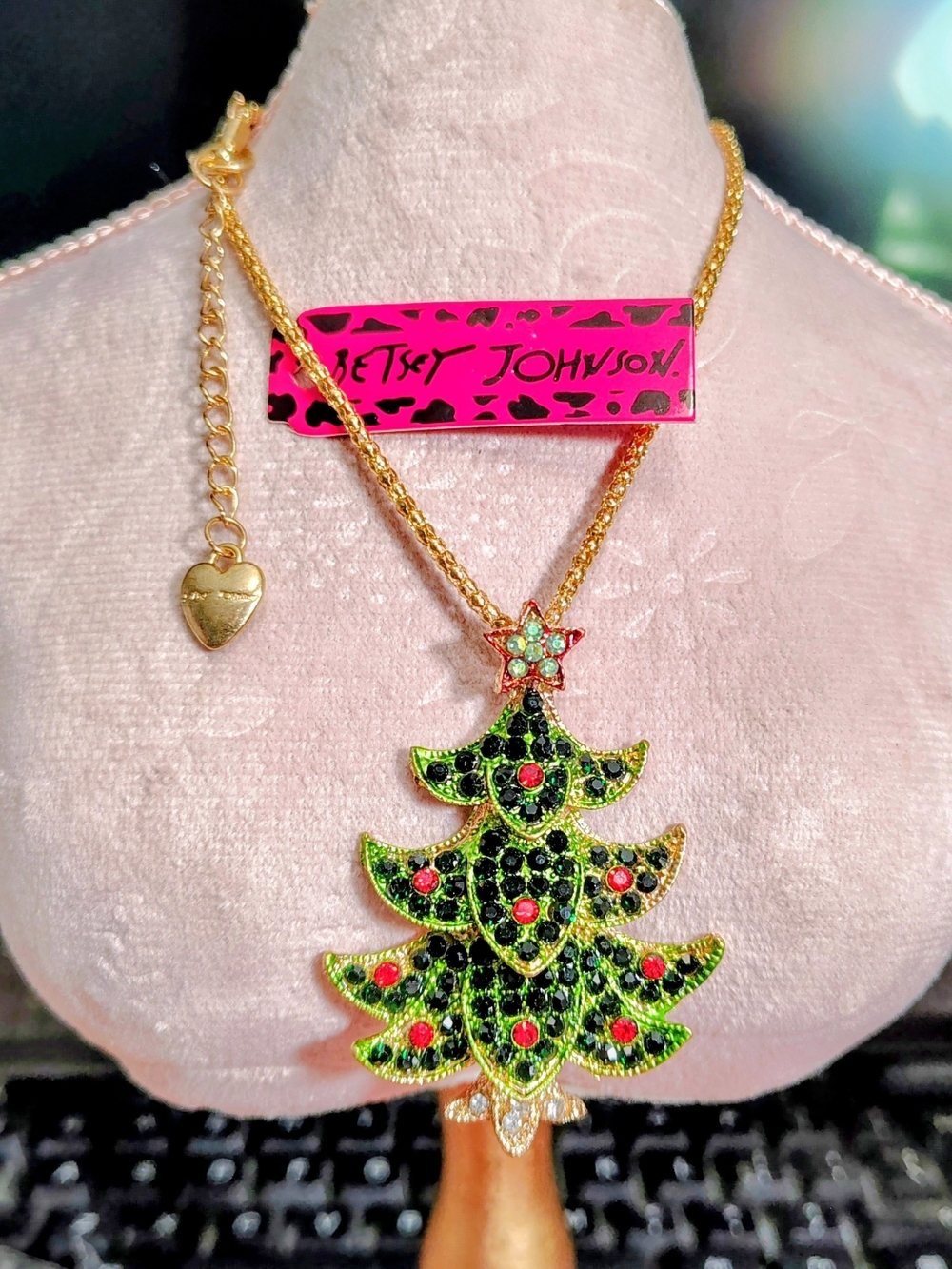 Betsey Johnson Gold-Tone Green and Red Crystal Christmas Tree Pendant Necklace